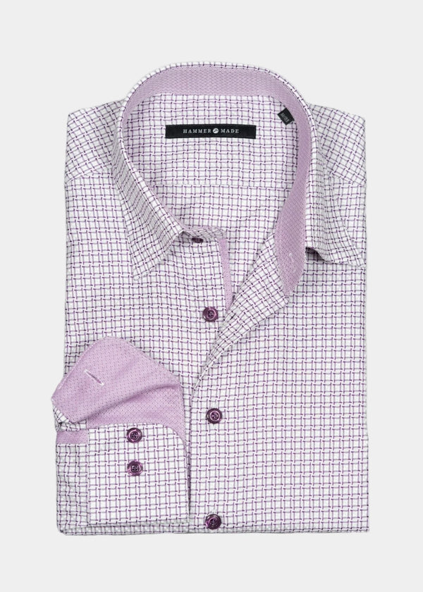 Premium White Purple Geometric Check Full Sleeve Cotton Casual Formal Shirt